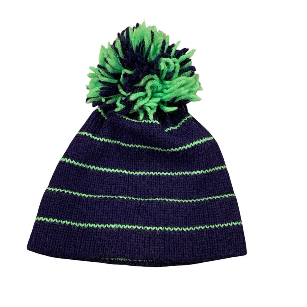 The Mountain Lid Green Navy Blue Pom pom top Beanie Hat Handmade Aspen CO Winter